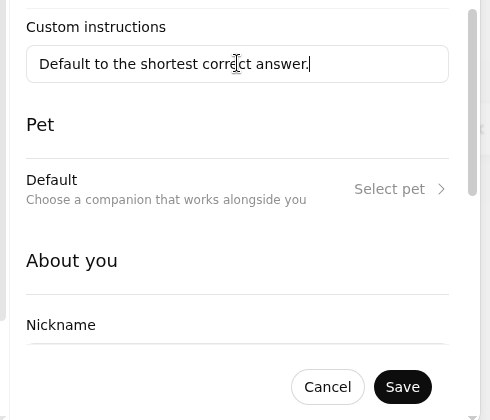 The Custom instructions field in ChatGPT Personalization settings with the rule being typed and the Save button visible