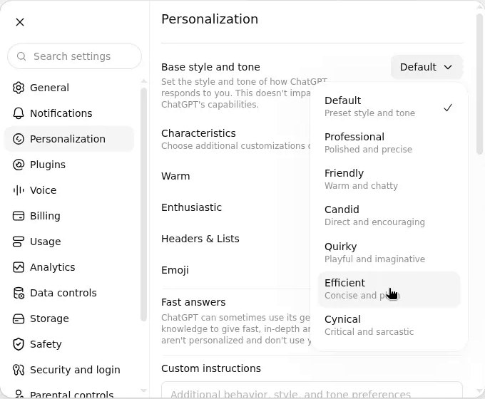 ChatGPT Personalization settings with the Base style and tone dropdown open, showing seven styles with the cursor on Efficient, described as Concise and plain