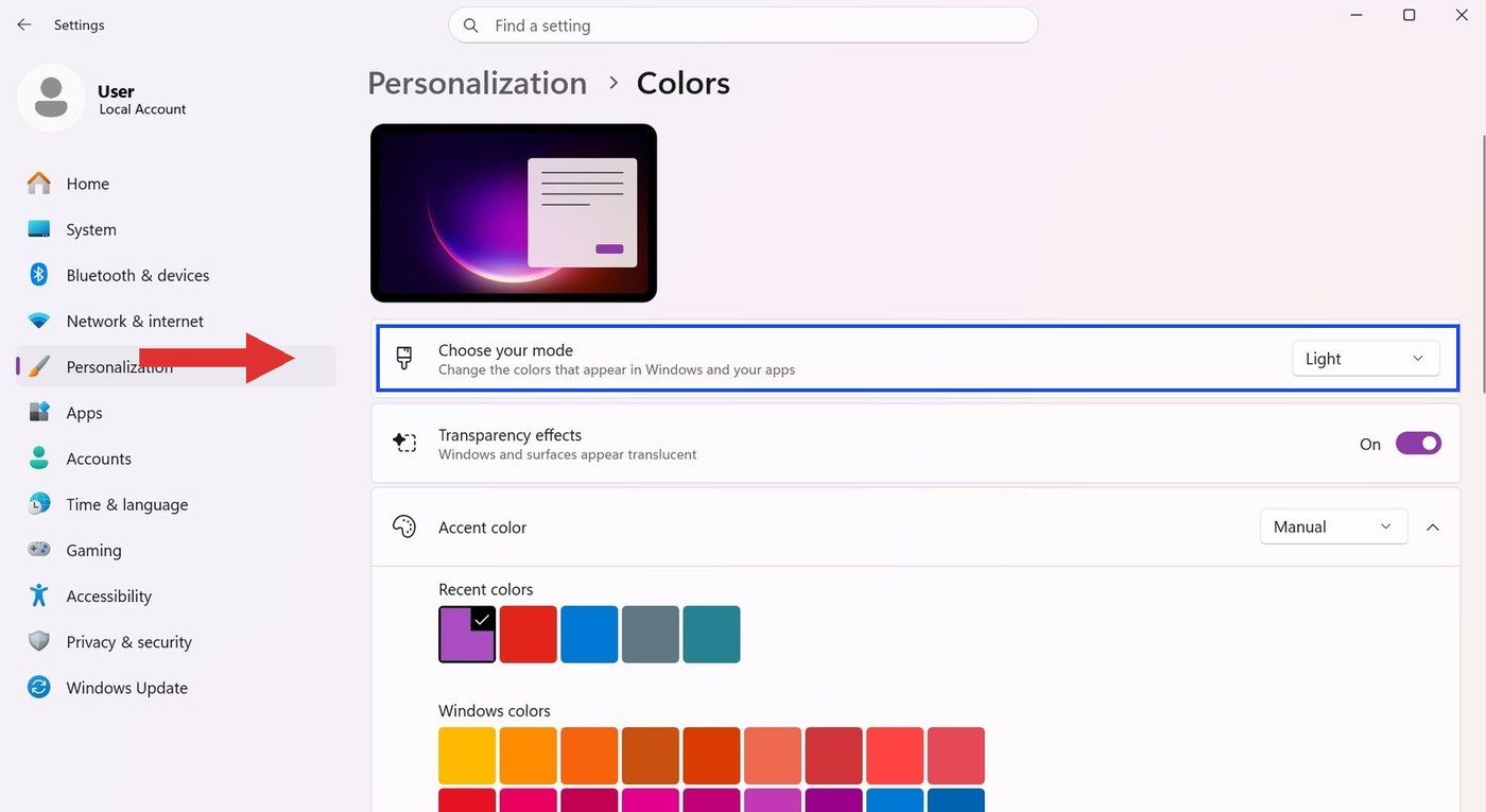 The Colors page in Windows 11 Settings with the Choose your mode row highlighted