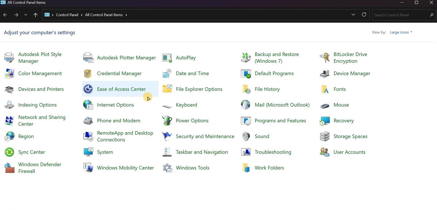 Control Panel in Windows 11 still showing a white interface while dark mode is on