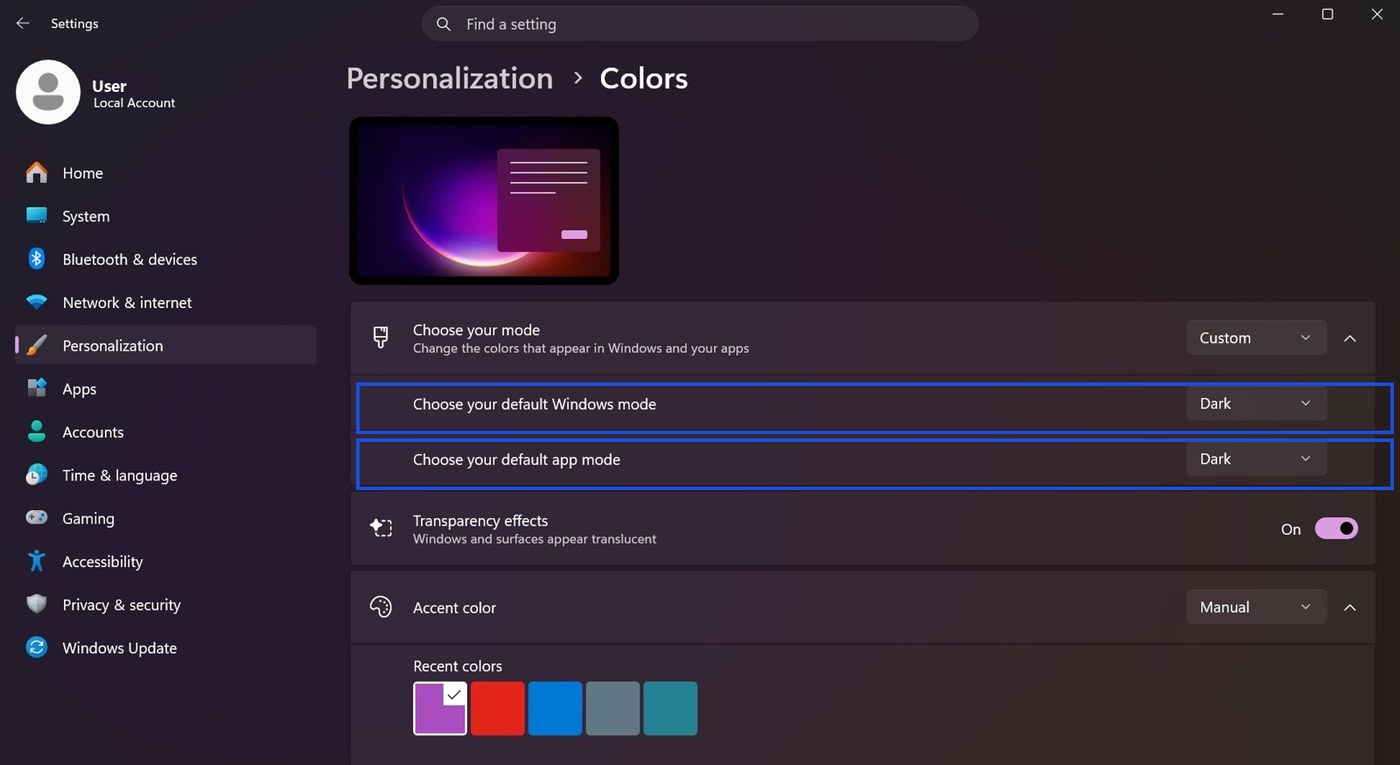 Custom mode showing two separate dropdowns for Windows mode and app mode