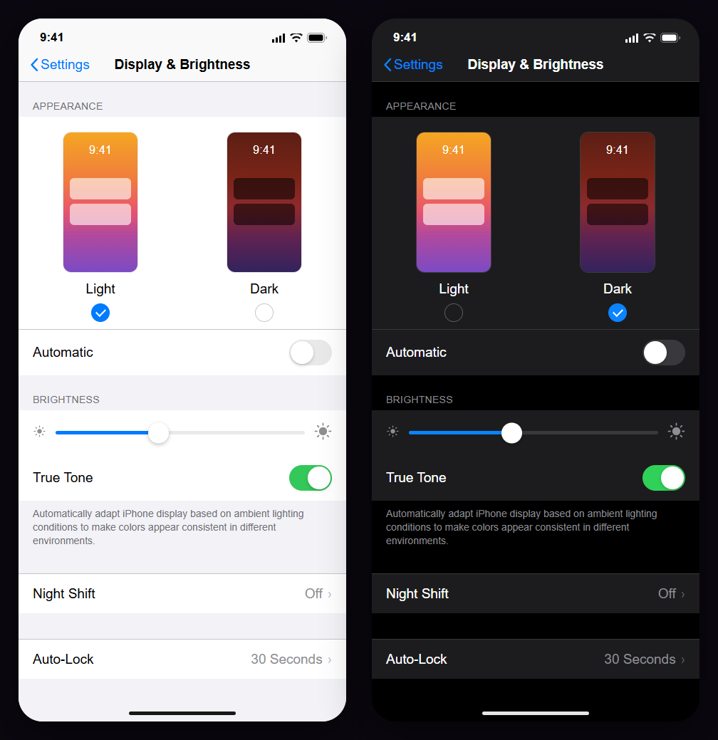 The iOS Display and Brightness screen shown in light appearance and dark appearance side by side, with Night Shift listed as a separate row
