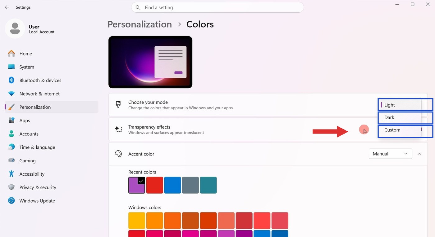 The Choose your mode dropdown open, showing Light, Dark and Custom