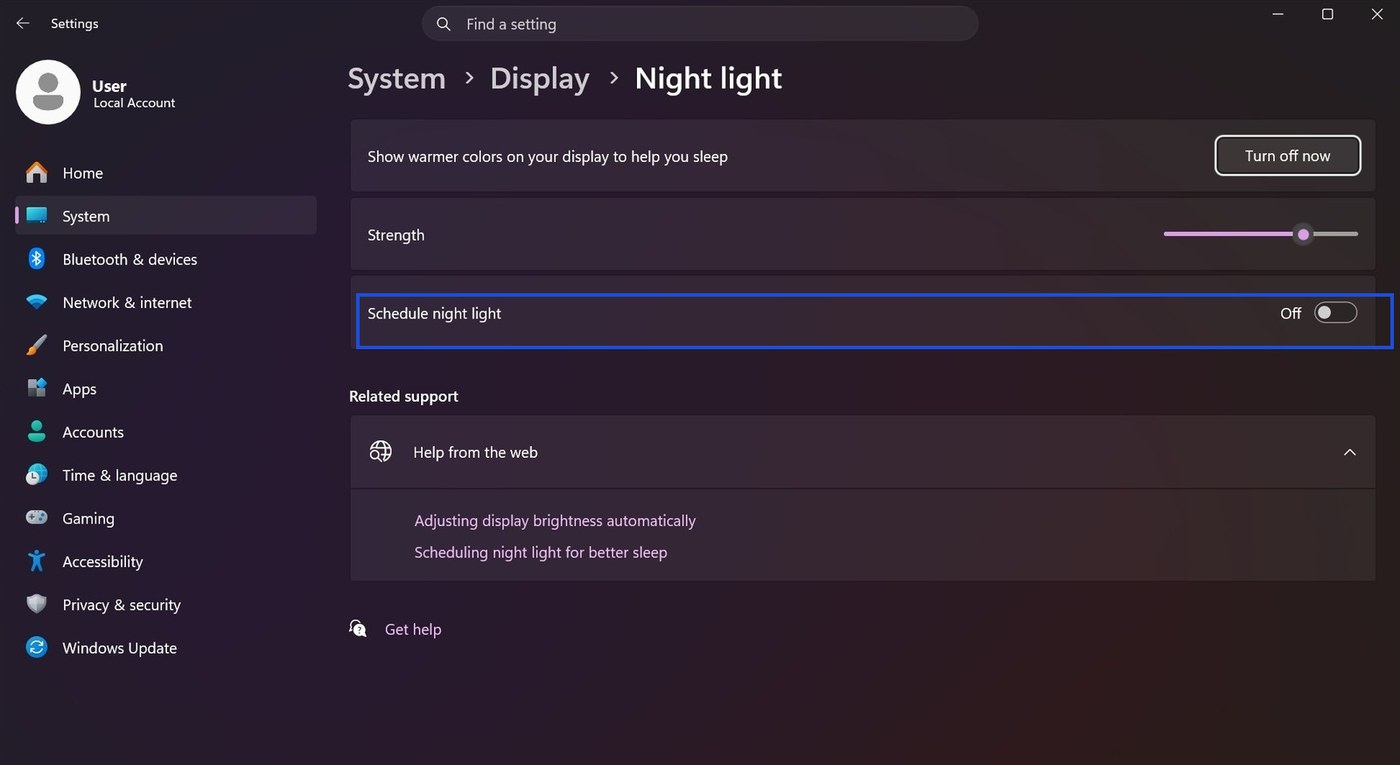 The Night light page in Windows 11 Settings with the Schedule night light row highlighted