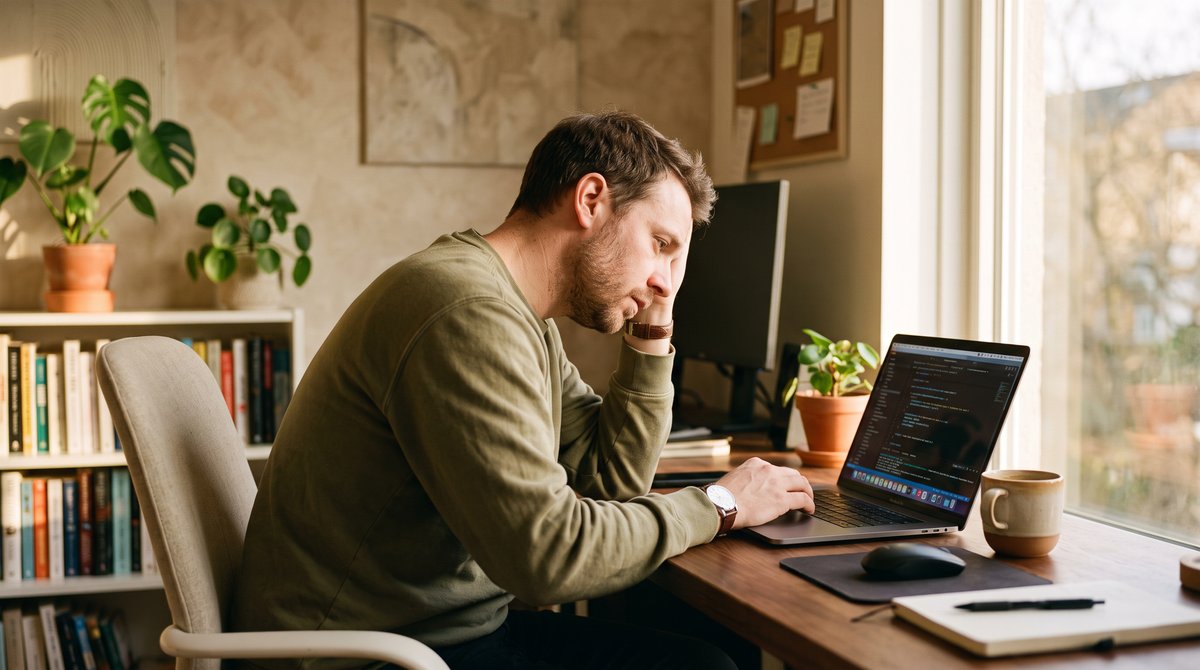 A man slumped at a home office desk in warm window light, staring at a laptop