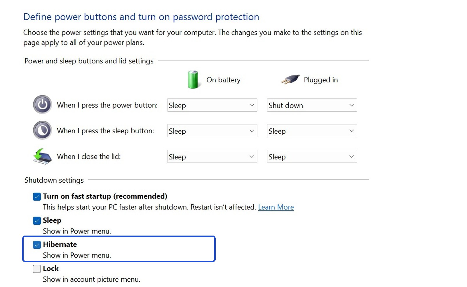 The same page after clicking the admin link, with the Hibernate Show in Power menu checkbox ticked