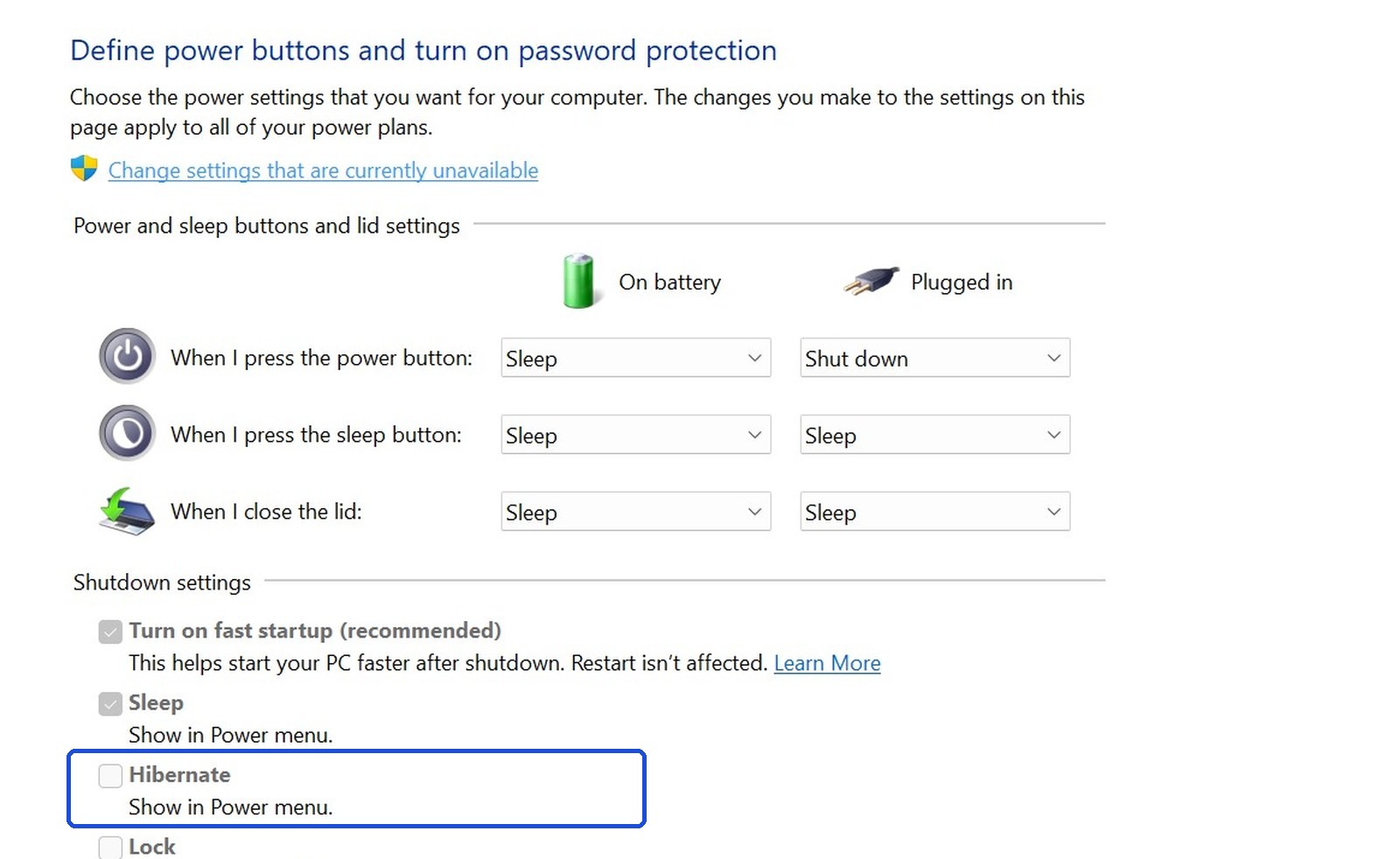 The Windows 11 Define power buttons page with the Hibernate checkbox grayed out and the Change settings that are currently unavailable link highlighted