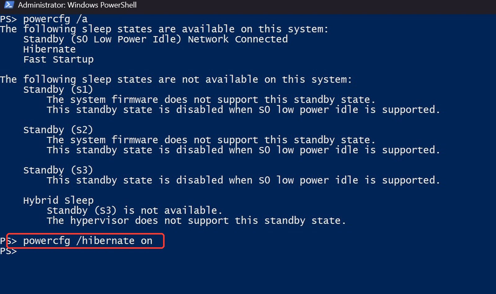 An elevated PowerShell window showing the output of powercfg /a, listing Hibernate as available, followed by powercfg /hibernate on