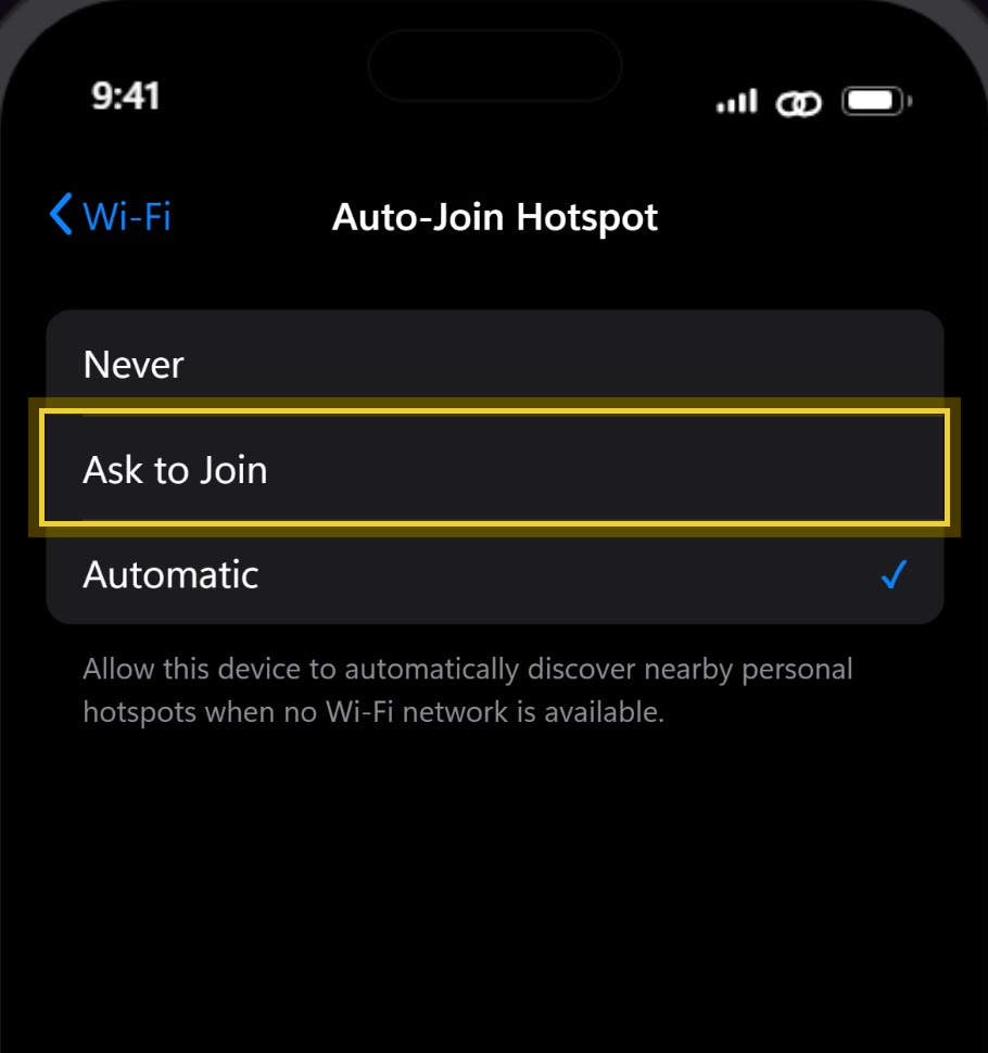 The Auto-Join Hotspot screen in iPhone settings with the Ask to Join option highlighted