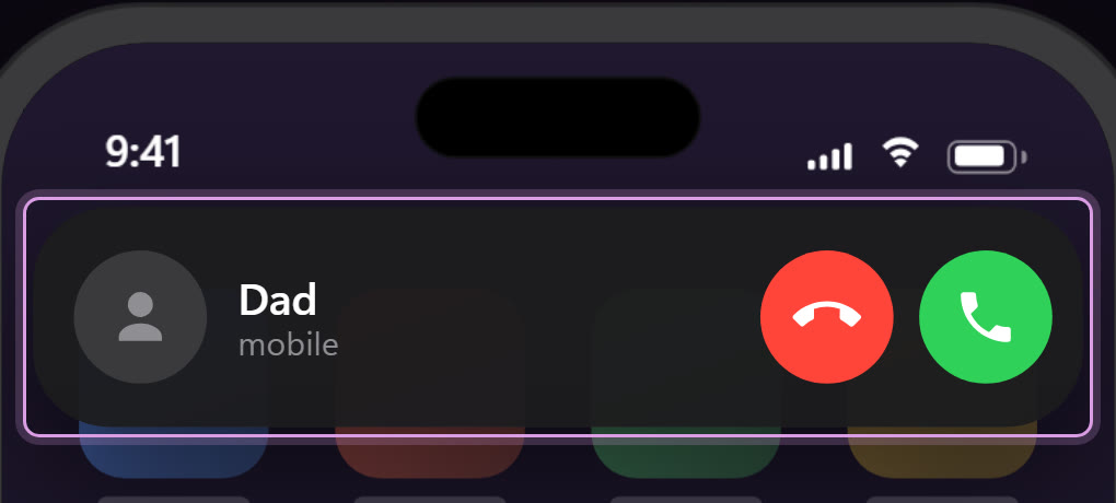 An iPhone in use showing an incoming call as a compact banner at the top of the home screen
