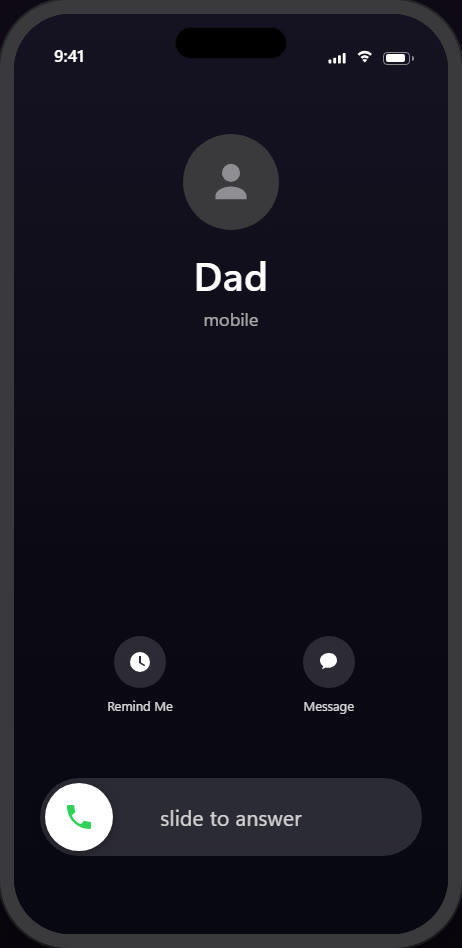 A locked iPhone showing a full-screen incoming call with the slide to answer slider