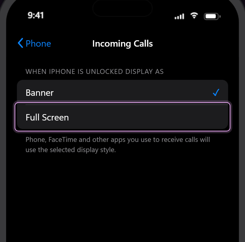 The Incoming Calls page in iPhone settings showing the Banner and Full Screen options
