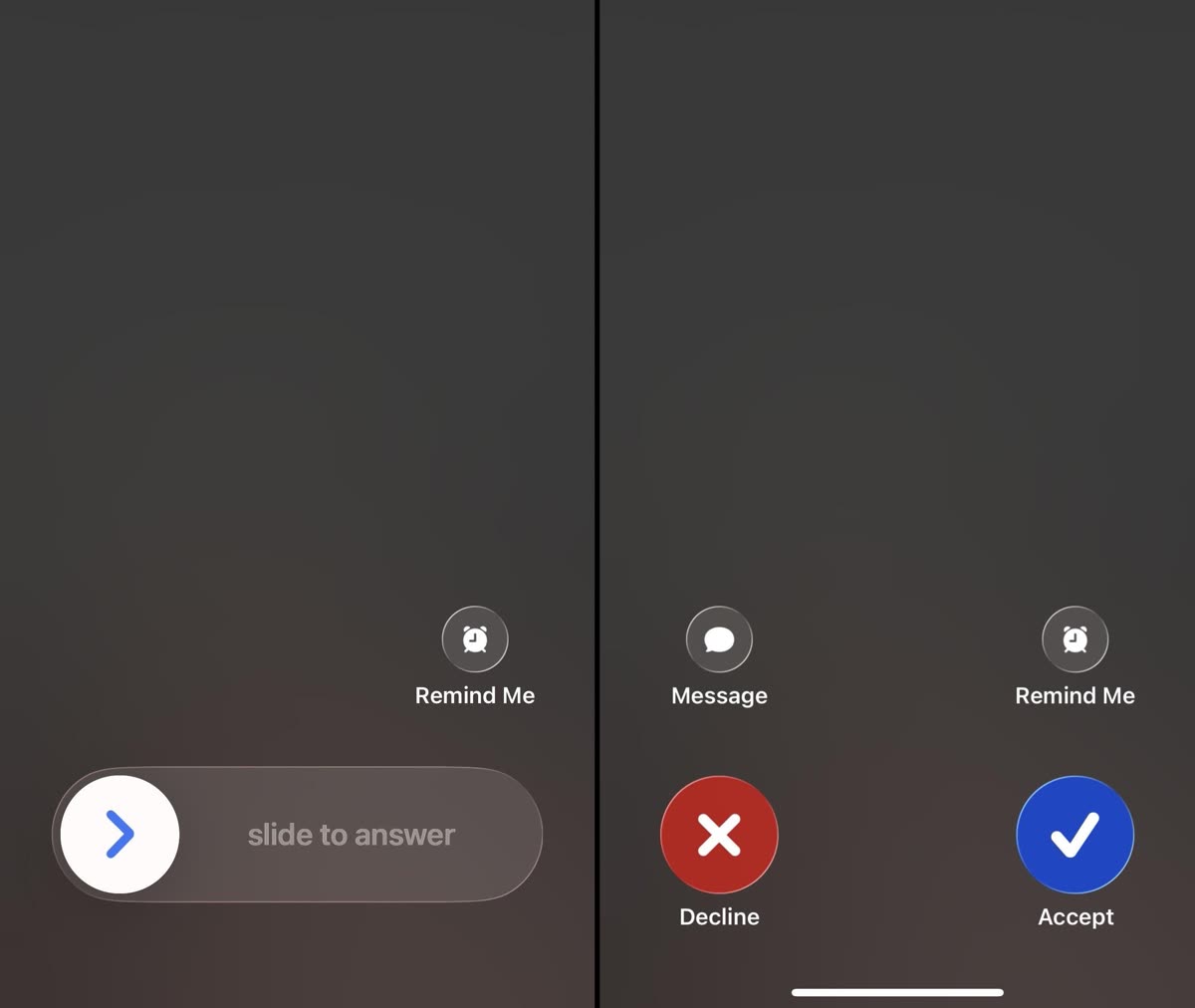 The viral comparison of two iPhone incoming call screens: slide to answer on one, Decline and Accept buttons on the other