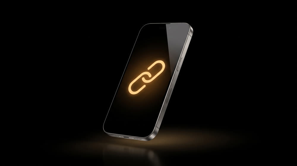 A smartphone on a black background, its screen showing a glowing chain link icon
