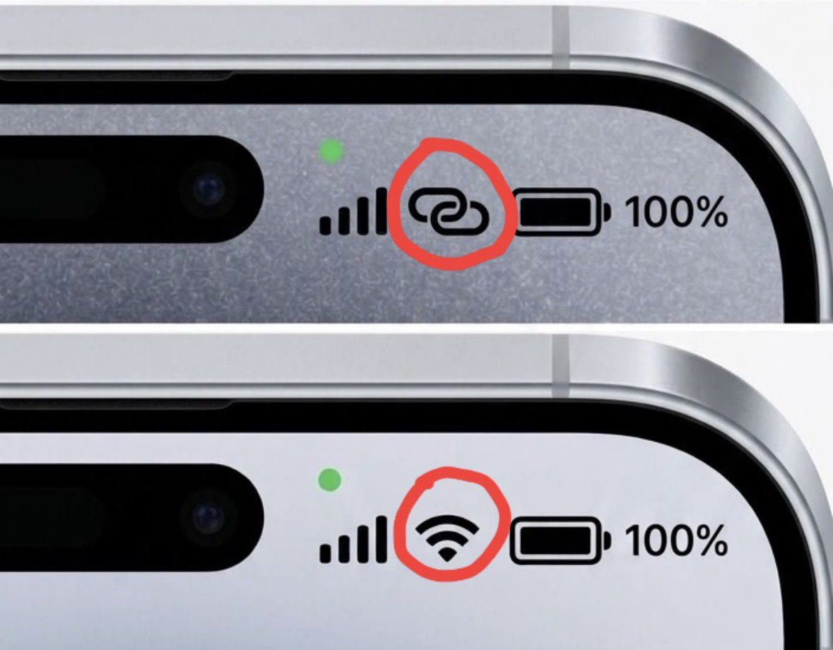 The viral comparison of two iPhone status bars: the Personal Hotspot chain link circled in one, the Wi-Fi fan circled in the other