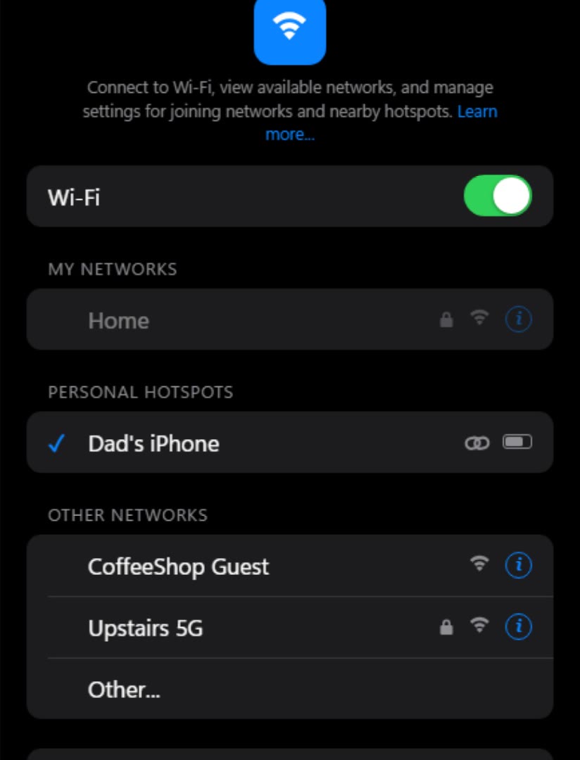 iPhone Wi-Fi settings showing a connected Personal Hotspot under its own section