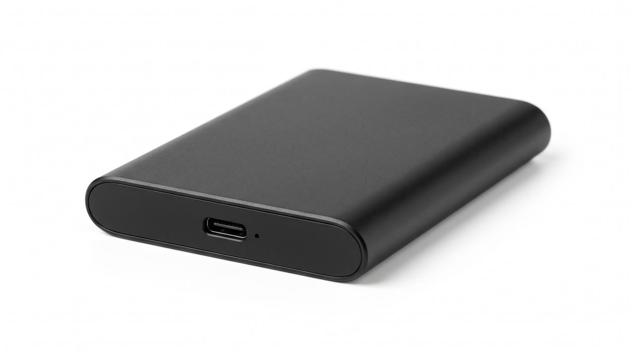 A matte black portable SSD on a white background
