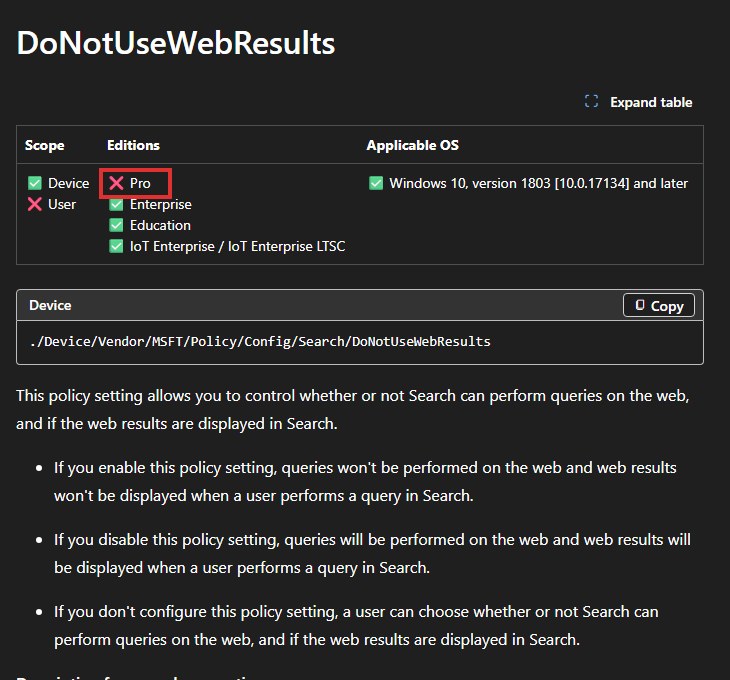 The DoNotUseWebResults page on Microsoft Learn showing the editions table with Pro crossed out and Enterprise, Education and IoT Enterprise checked