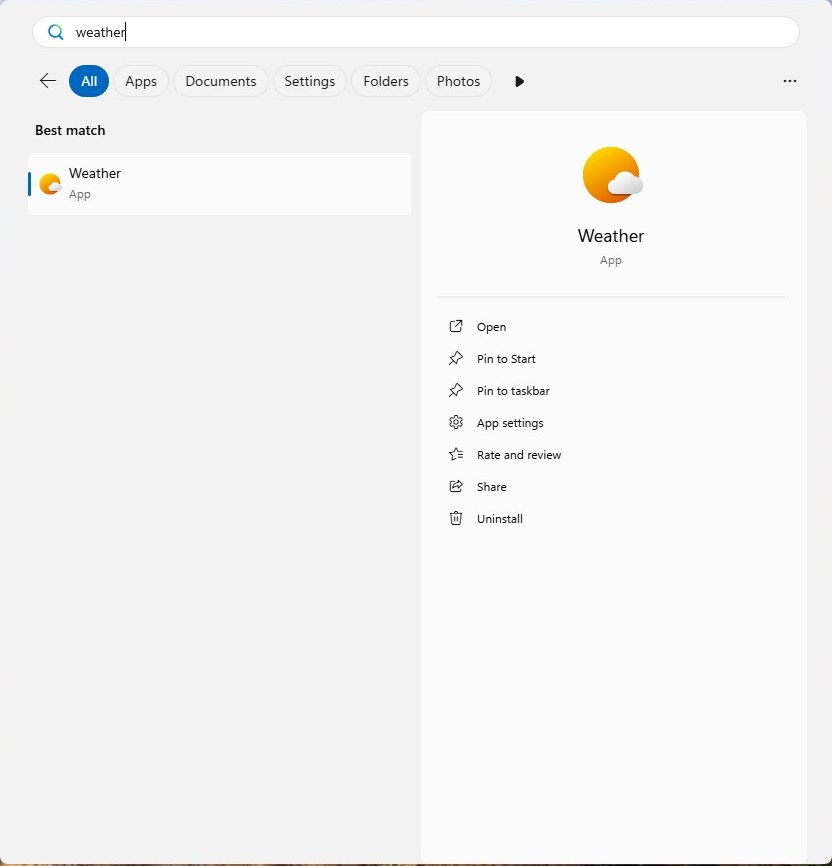 Windows 11 Start search for weather after the change, showing only the Weather app with no Search the web block and no Web filter