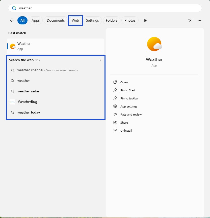 Windows 11 Start search for weather showing the Weather app as best match, then a Search the web block with five Bing suggestions and a Web filter in the filter row