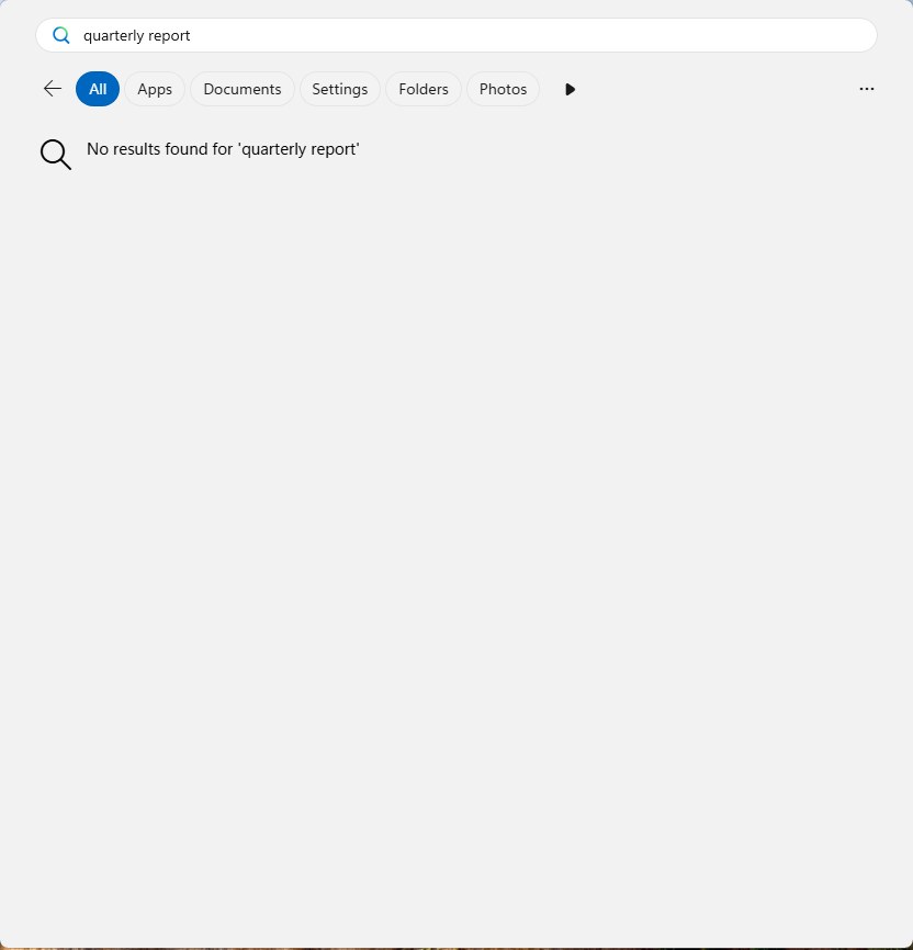 Windows 11 Start search for quarterly report showing No results found for quarterly report