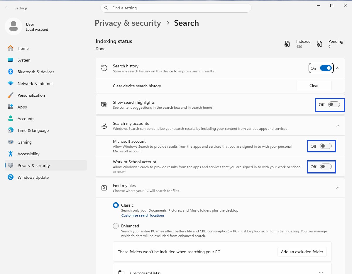 The Search page under Privacy and security in Windows 11 Settings, with Show search highlights, Microsoft account and Work or School account all turned off