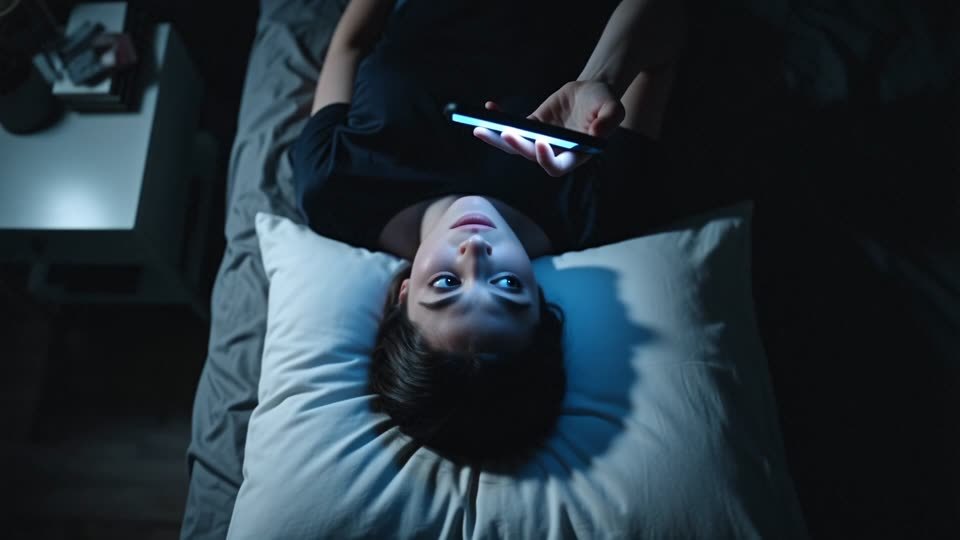 A person lying in bed in a dark room, face lit blue by the phone screen they are holding above them