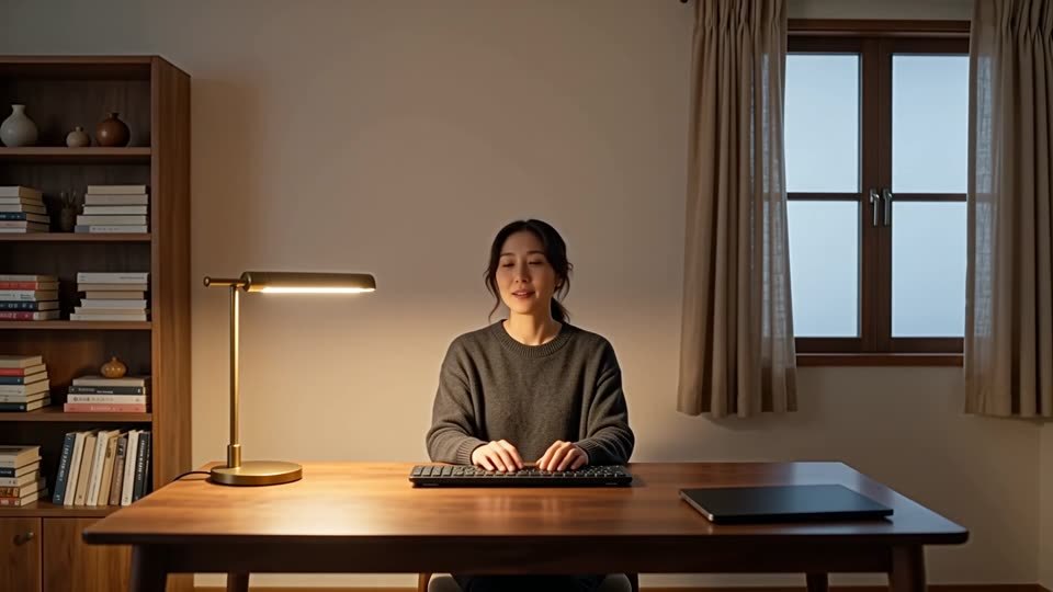 A dim room lit by a single warm desk lamp rather than overhead lighting
