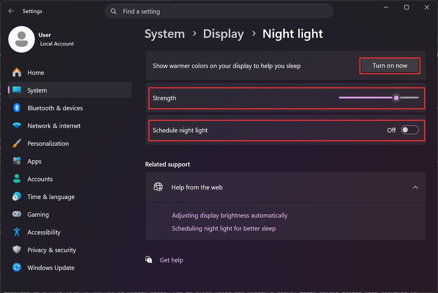 The Night light page in Windows 11 Settings with the Turn on now button, the Strength slider and the Schedule night light row all highlighted