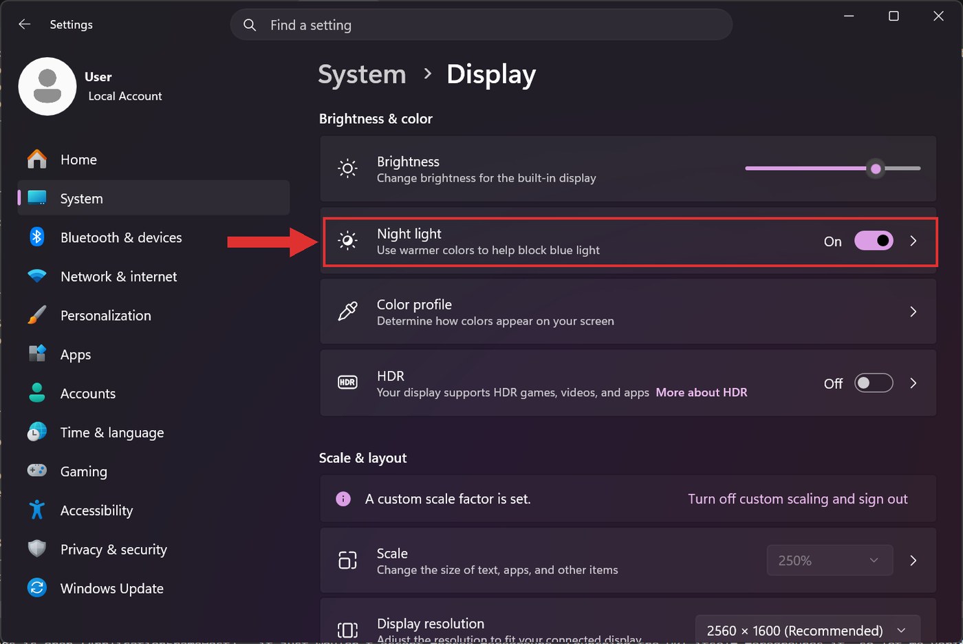 The System and Display page in Windows 11 Settings with the Night light row highlighted