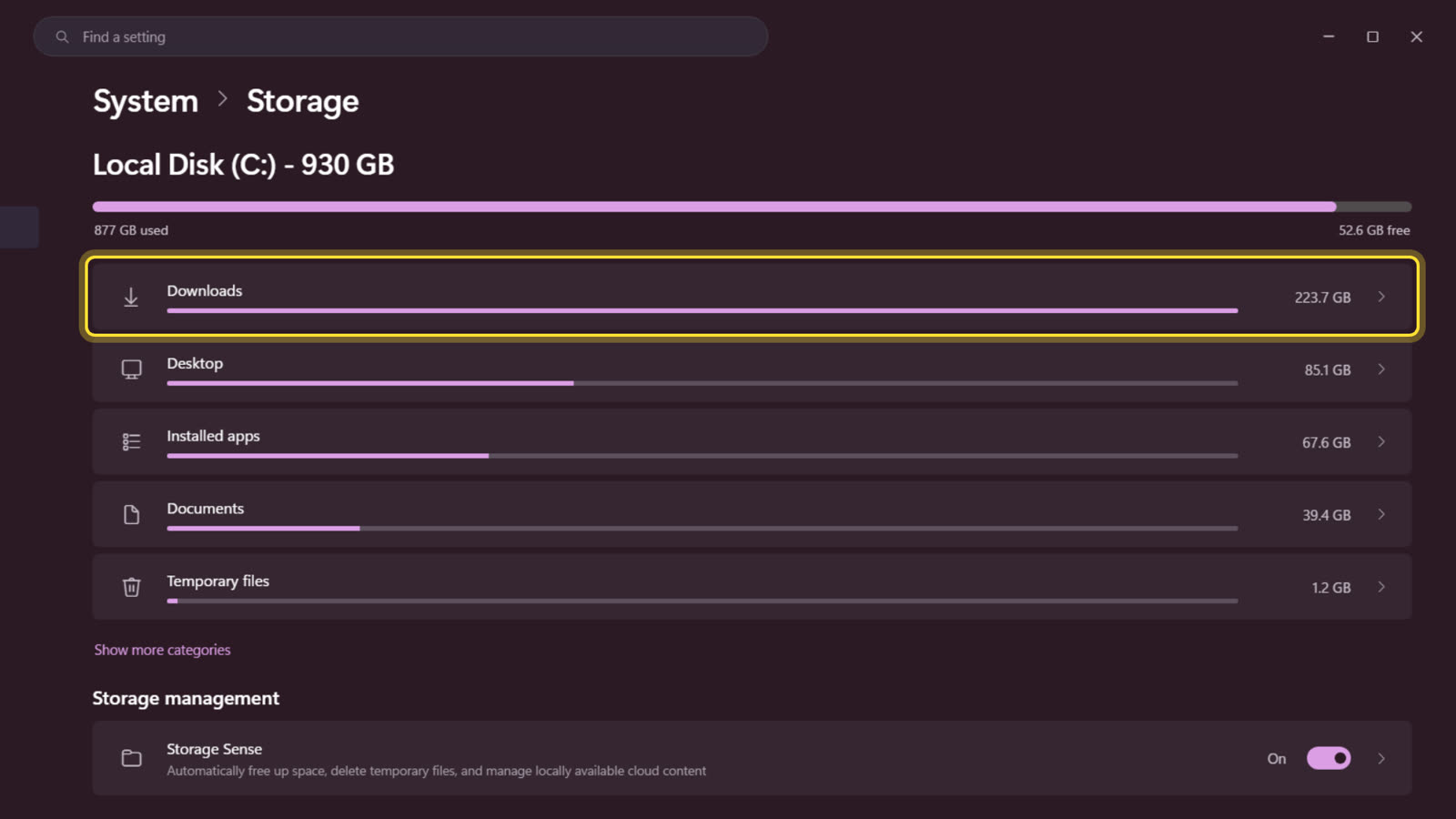 Windows 11 Storage settings with the Downloads category highlighted, showing 223.7 GB